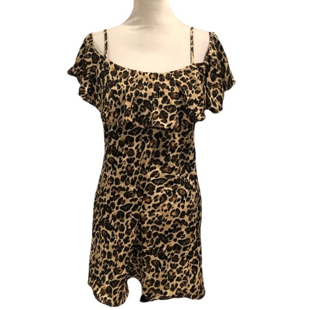 Miami Leopard Print Cold Shoulder Ruffle Neck Mini dress Medium Tan Brown Women